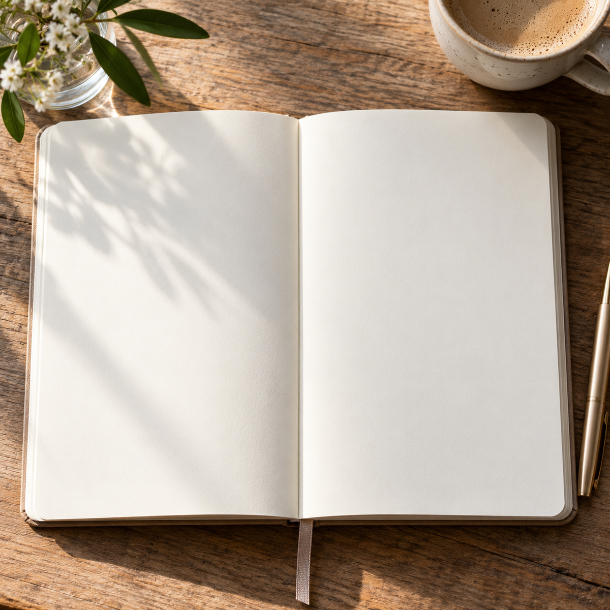 Open journal with blank pages on a wooden desk beside a cup of coffee and white flowers